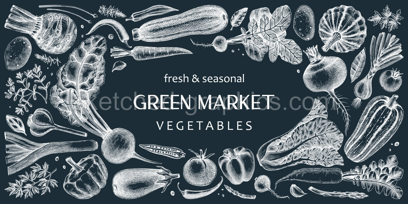 Hand-drawn vegetables vector illustrations on chalkboard. Hand-sketched healthy food collection. Vintage edible plants hand-drawings. Fresh vegetables sketches on chalkboard. Illustration